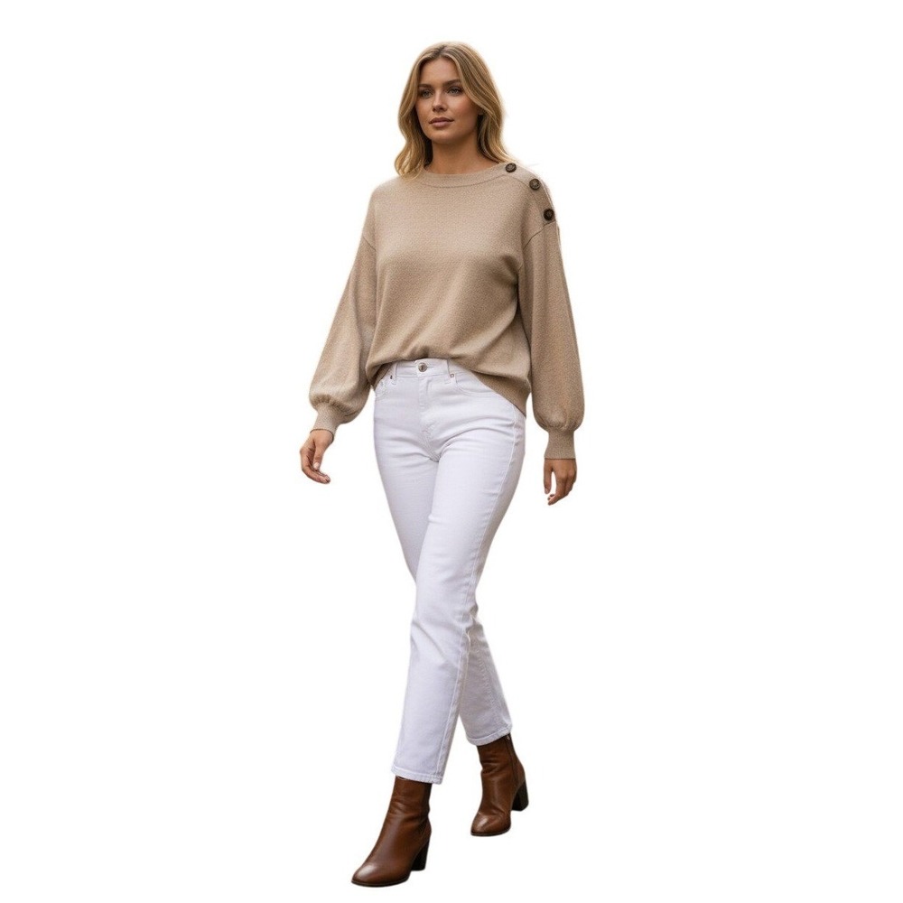 b.young Beige Button Shoulder Sweater L Fits M Neutral Essential Classic NWOT